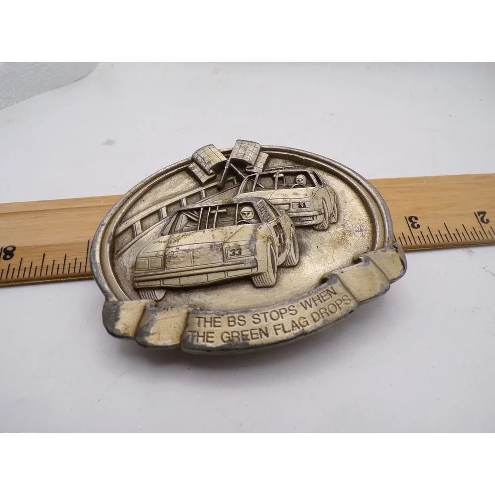 Vintage 1984 Bergamot Brass Works Stock Car Racing Belt Buckle Green Flag Drops